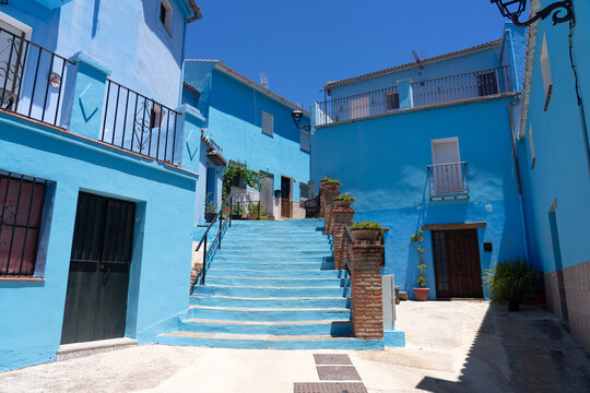 Blue streets and houses of the Pitufos village of Juzcar, in the Ronda mountains in Malaga province. Andaluc&iacute;a, Spain.