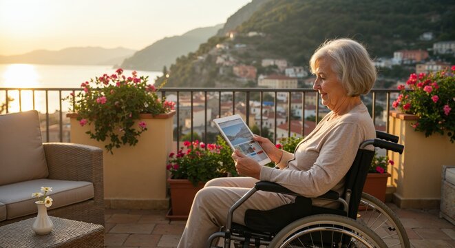 Elderly woman in wheelchair browsing travel blog on tablet on terrace in golden hour light