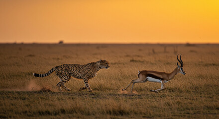 A swift cheetah in full stride chases a graceful gazelle across the sun-drenched African savanna.
