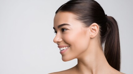 The beautiful young woman smiling gracefully in profile view.