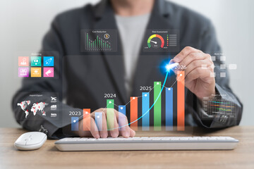 2026 Business finance data target. Businessman analytics business data financial management, Cost plans, Sales marketing, Cost Reduction, Risk Assessment, Import-Export, Project schedule, Workflow