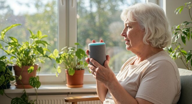 Plus-size elderly woman with white hair using smart speaker to play music on sunny veranda