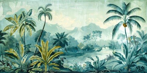 Wallpaper serene tropical landscape painting in pastel tones	
