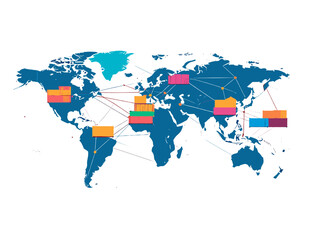 Global Network Visualization of a World Map with International Connections and Trade Routes on White Background