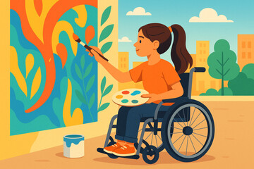 Teenage Girl in Wheelchair Painting Colorful Mural Outdoors Flat Vector Illustration