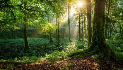 enchanted forest with soft light filtering through lush green trees and mystical atmosphere