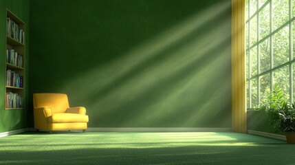 Serene Green Room with Yellow Armchair and Sunlight