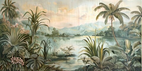 Wallpaper serene tropical landscape painting in pastel tones	
