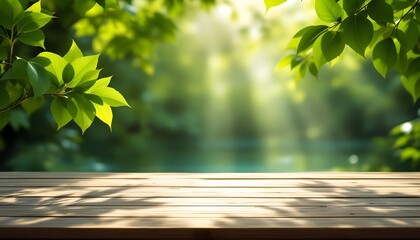 Rustic Wood Tabletop with Serene Green Nature Background