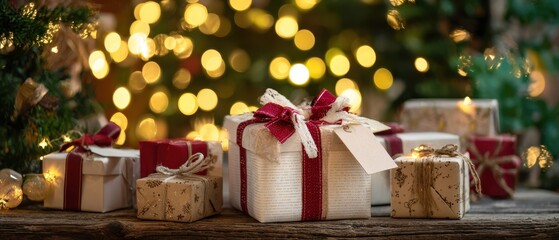 The beautifully wrapped Christmas gifts shining under festive bokeh lights.
