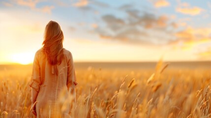 Woman Standing In Golden Wheat Field Silhouetted Against Sunset