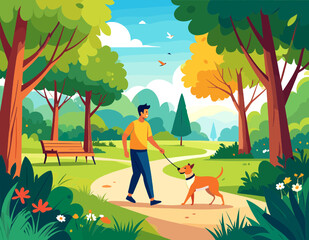 Illustration of a Man Walking his Dog on a Sunny Path in a Park with Green Trees Orange Bench and Blue Sky