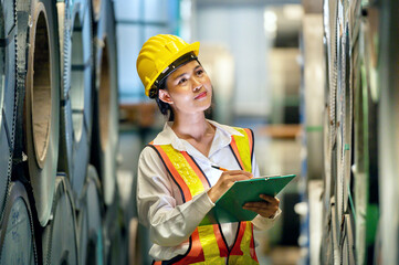 Asian woman engineer in uniform inspection warehouse and check control heavy machine construction...