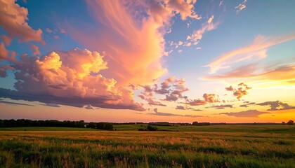 Obraz premium Sunset over a grassy field with dramatic clouds