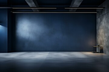 Modern, empty showroom with concrete walls and a blue backdrop, illuminated by stylish lighting, creating a sophisticated atmosphere for showcasing products or artwork