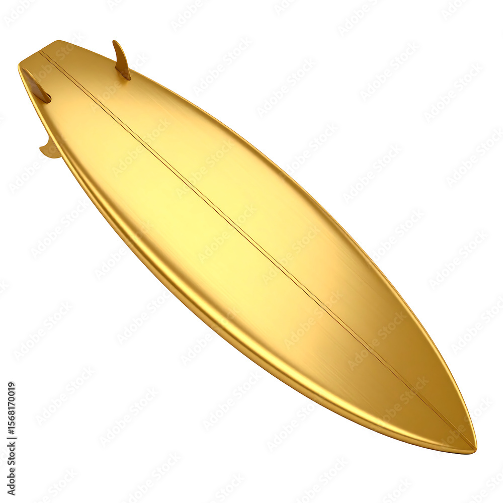 Poster golden surfboard icon with curved tips and soft glossy body floating on transparent background