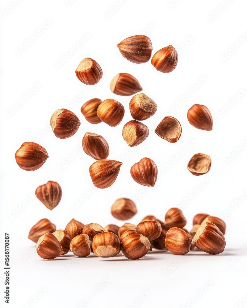 Poster floating hazelnut nuts falling on white background isolated for culinary uses and healthy snacking o