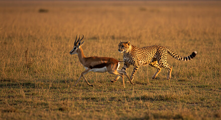 A powerful cheetah chases a fleeing gazelle across the sun-drenched African grasslands.