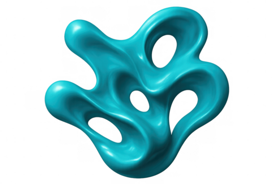 Turquoise fluid abstract form morphing, transforming dynamically against transparent background for contemporary visual design