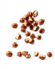 Fototapeta premium Fresh Raw Hazelnuts Falling in Mid-Air on a White Background for Culinary and Food Design Concepts
