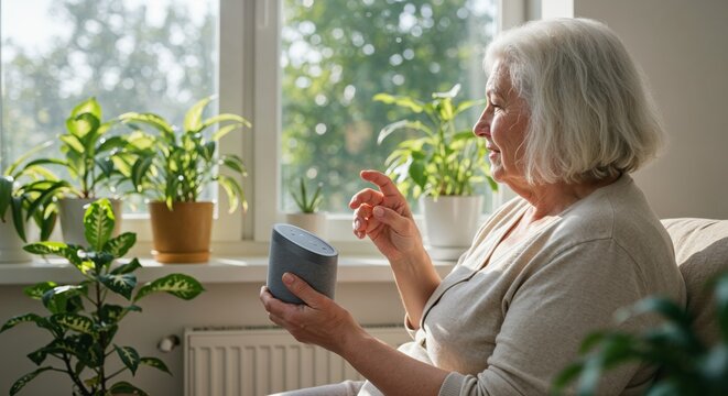 Plus-size elderly woman with white hair using smart speaker to play music on sunny veranda