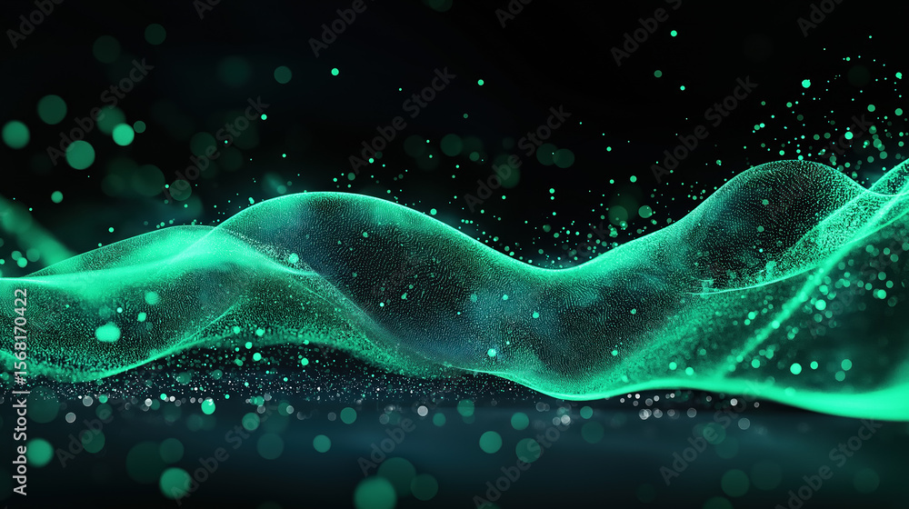 Poster dynamic green wave with sparkling particles in a dark setting
