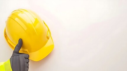 Hand pointing to a bright yellow safety helmet.