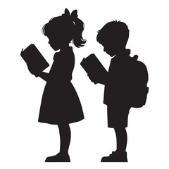 A silhouette of a girl and a boy are reading books while standing isolated on a white background.