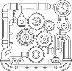 Intricate Steampunk Gears and Pipes Industrial Mechanical Design Outline