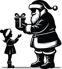 Santa claus giving a gift box to a kid silhouette Vector Illustration isolated on a white background