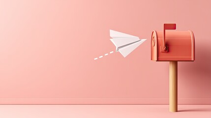 A simple, minimalist scene of a white paper airplane flying towards a coral-red mailbox against a pastel pink background