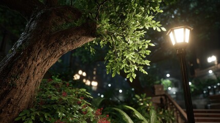 Lush greenery under a large tree at night, illuminated by street lamps