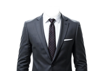Professional black business suit with white shirt and black tie template isolated on transparent background