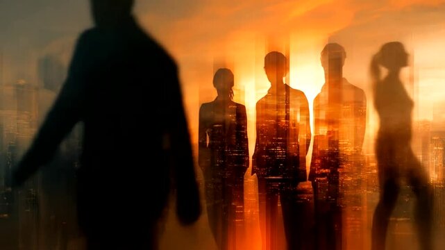 Silhouette of business people overlooking city skyline at sunrise