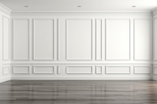 Classic empty room interior with white wall panels and dark wooden floor