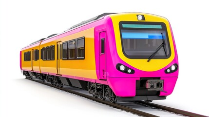 Obraz premium Modern passenger train, bright colors, three-quarter front, white seamless background, cheerful