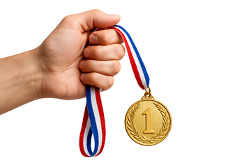 Hand holding golden first place medal for victory isolated on transparent background