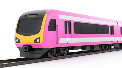 Naklejka premium Modern passenger train, bright colors, three-quarter front, white seamless background, cheerful