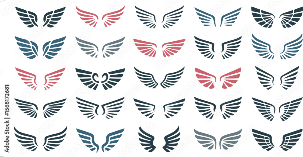 Poster vector art of collection of wing icons in various styles isolated on white background