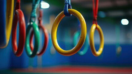 Colorful Gymnastics Rings Hanging in a Children's Play Area for Exercise and Fun