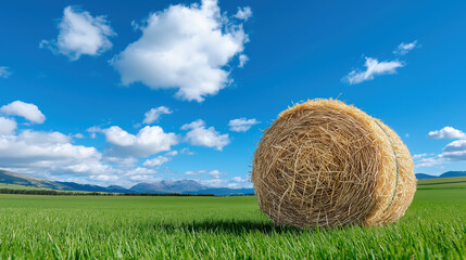 Bright and clear day with hay bales in lush green field