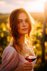 Woman Holding Glass of Red Wine in Vineyard at Golden Hour