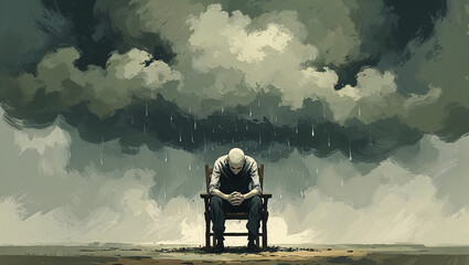 Surreal illustration of a person sitting alone under a stormy cloud, anxiety and depression metaphor, soft painterly style, muted colors, emotional concept art