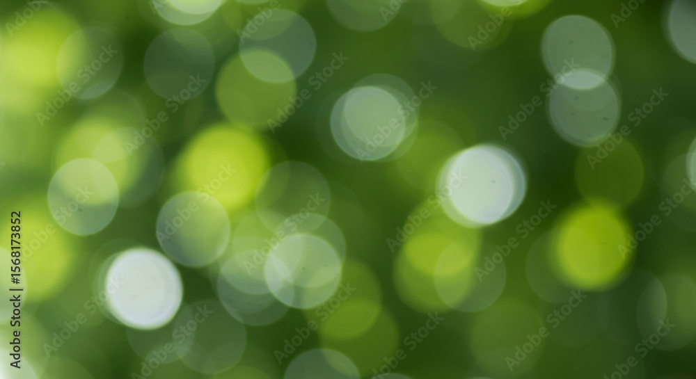 Poster abstract bokeh image featuring various sizes of out-of-focus green and white circles against a dark 