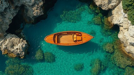 Wooden boat in a turquoise cove.