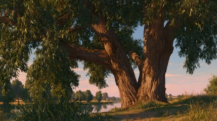 Large tree by a river at dawn. Lush foliage, mature trunk