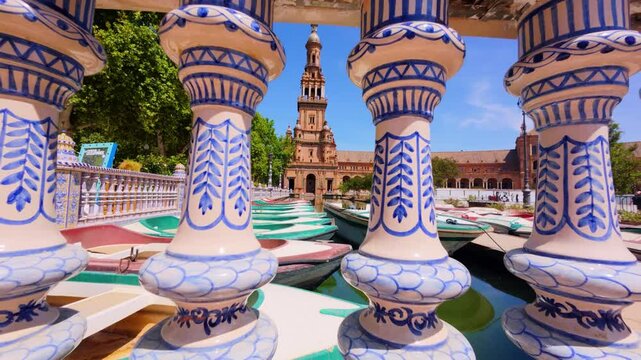 Painted ceramic columns in the Plaza de Espa&ntilde;a in Seville with tower in the background, contrast of colors and shapes that define the Andalusian regionalist architectural style.
