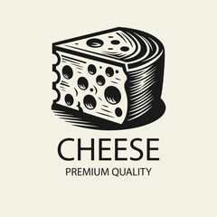 Black and white flat vector logo of a cheese wedge with holes. Ideal for dairy branding, cheese shop logos, food packaging, and artisan product design.
