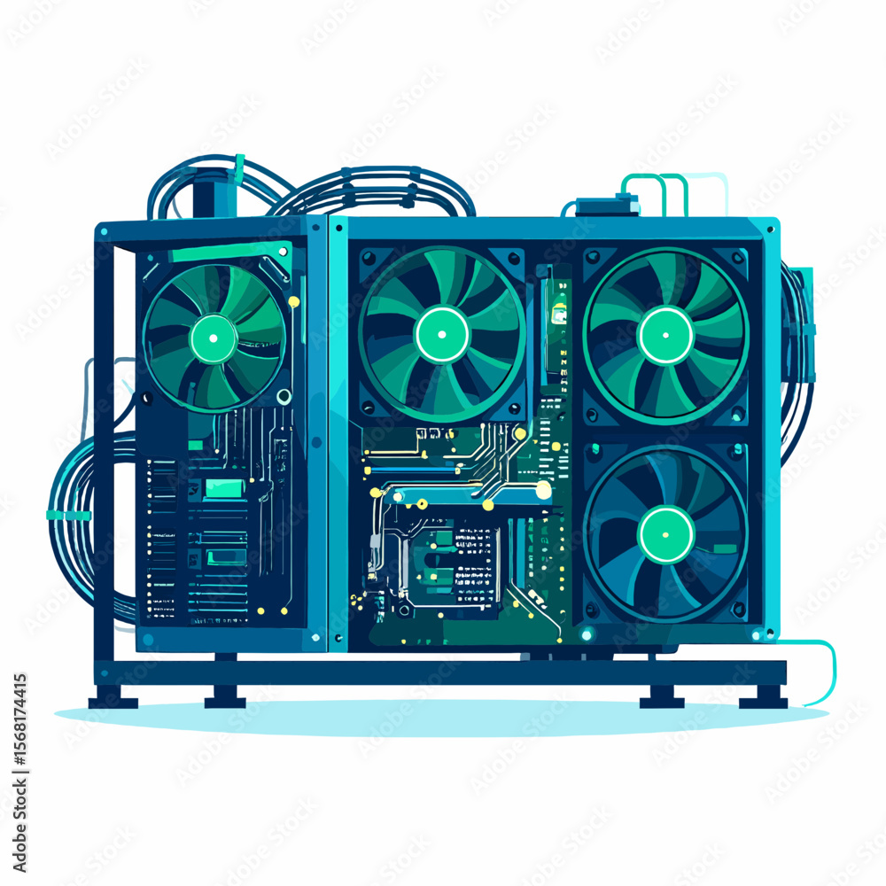 Fototapete retro style pixel art of a blue computer system with cooling fans and visible circuit board electron