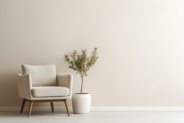 Minimalist living room interior with comfortable armchair and potted plant against a beige wall, creating a relaxing and stylish atmosphere